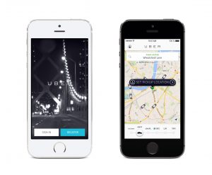 43260392 - varna, bulgaria - may 26, 2015: uber app startup page and uber search cars map on the front view white and black apple iphones. isolated on white background.
